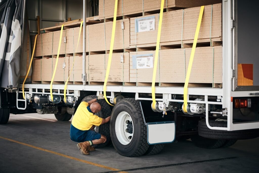 Heavy load secured with PET strapping on truck/container