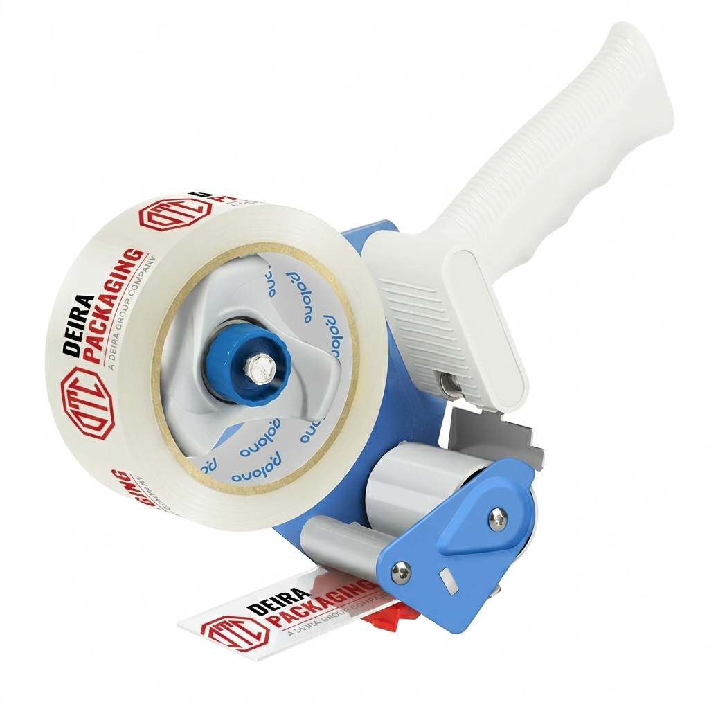 Tape dispenser gun with clear tape in warehouse setting