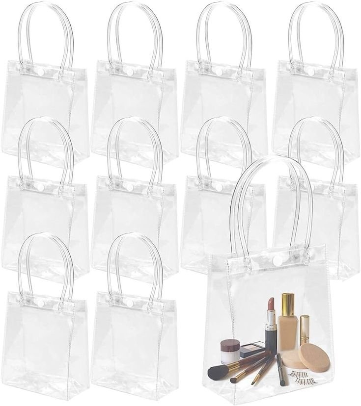 Assorted clear PVC bags with products inside, clean white background