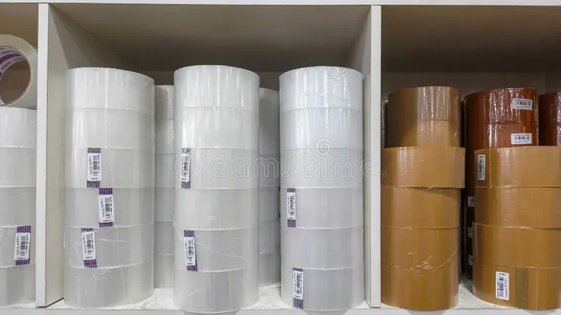 Multiple clear tape rolls stacked, clean white or warehouse background