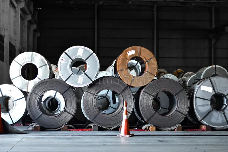 Steel strap coils stacked in industrial warehouse